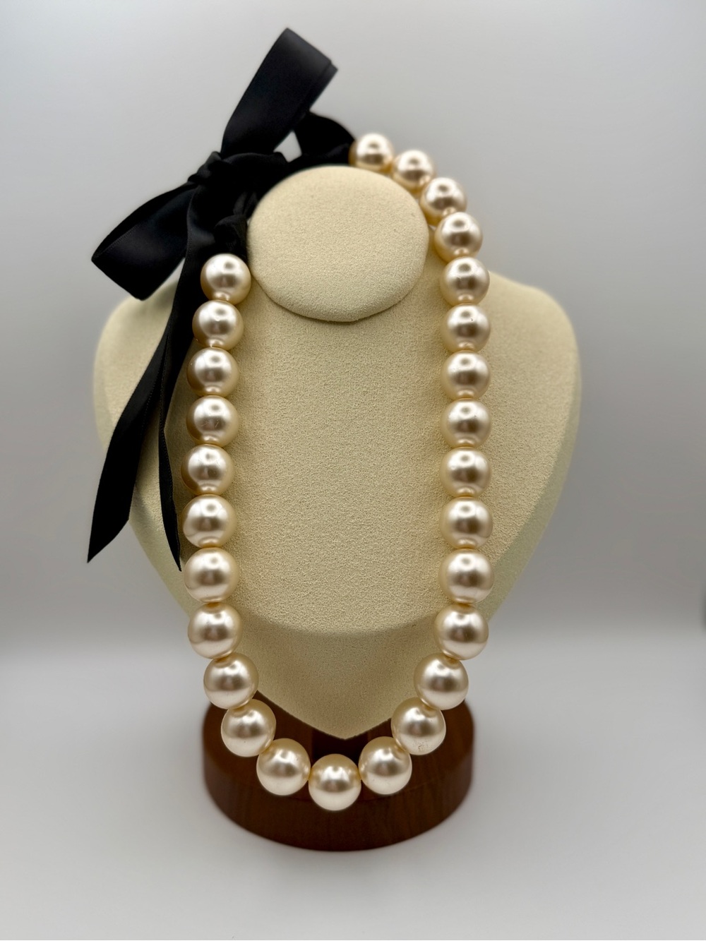 Classic Champagne Pearl Necklace with Black Satin Ribbon